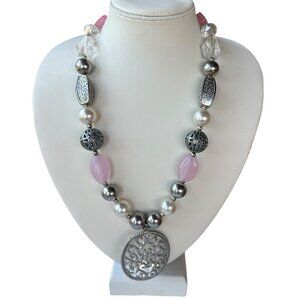 Unbranded Pink & Silver Beaded Fashion Jewelry Necklace w/Silver Charm 11.5-15"